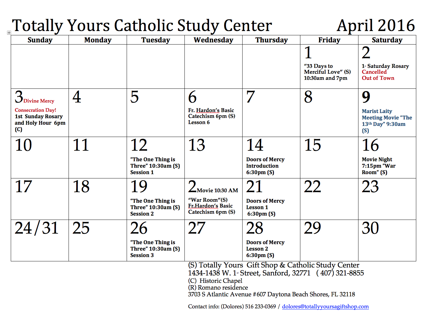 Totally yours April Events' Calendar